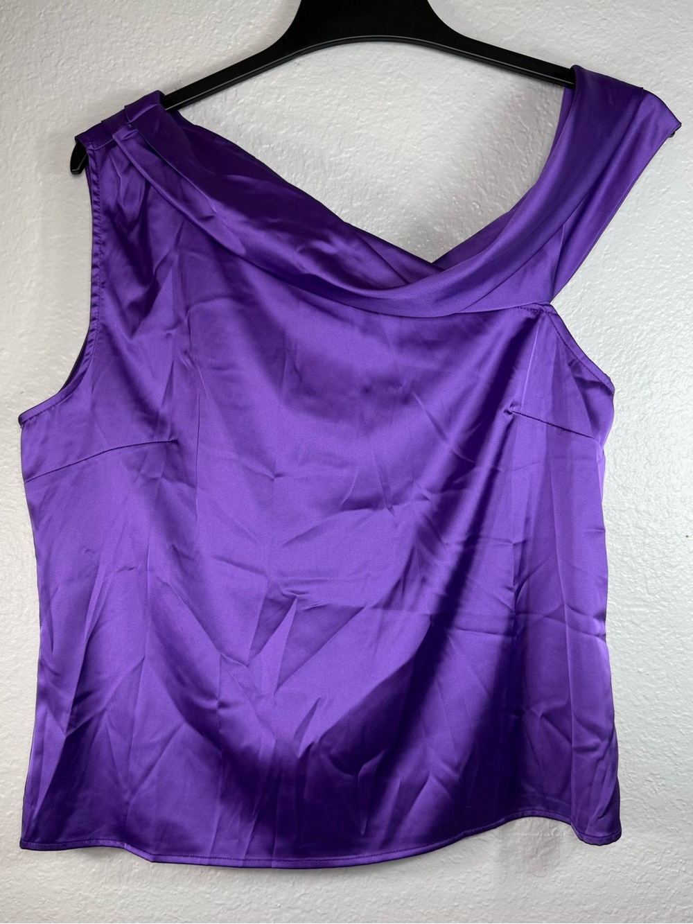 Women’s purple satin asymmetrical top Size L off shoulder draping‎ -idem ditto
